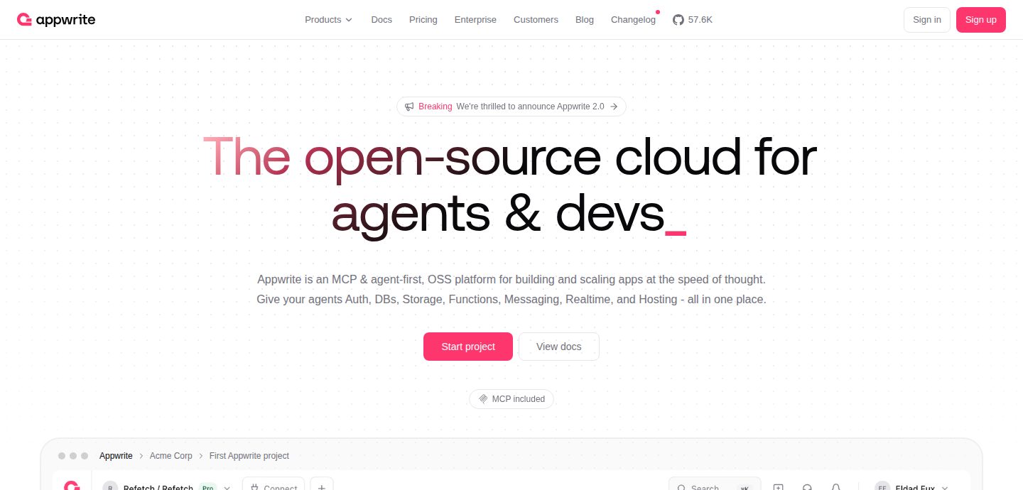 Screenshot of the Appwrite website