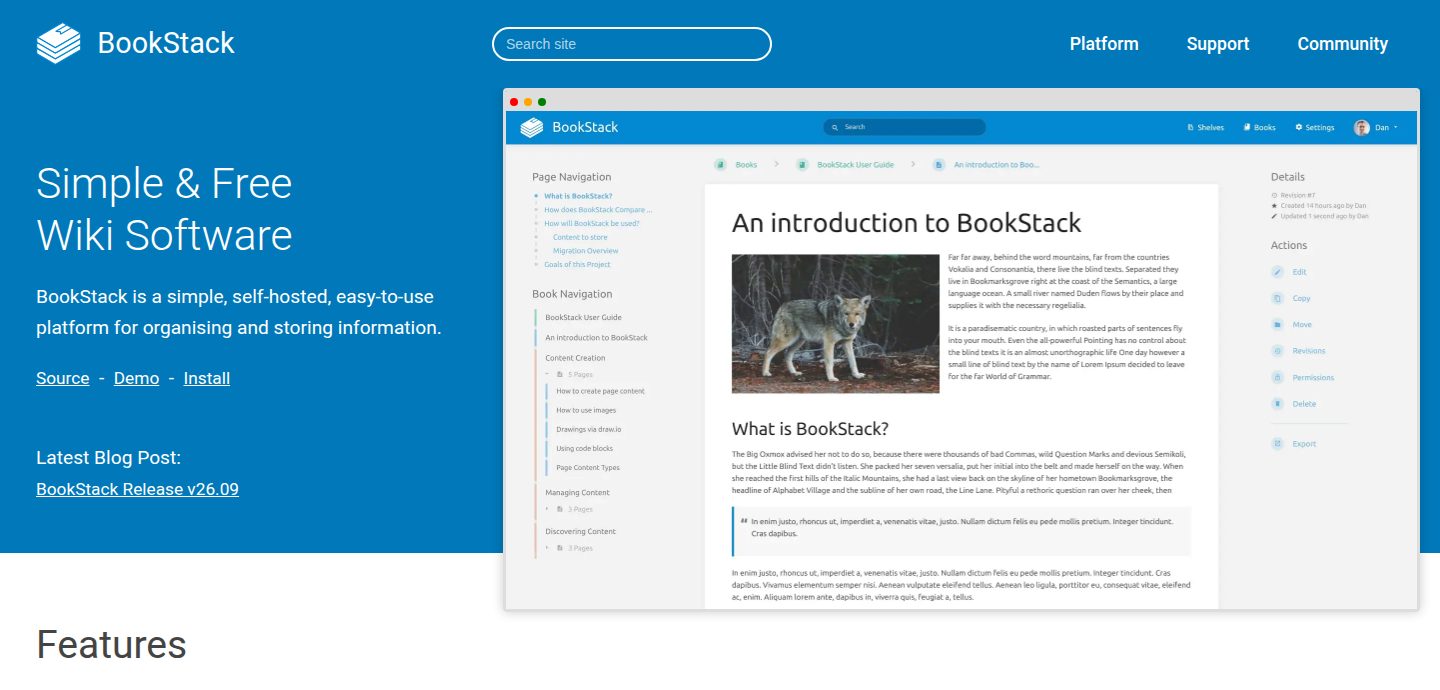 Screenshot of the BookStack website