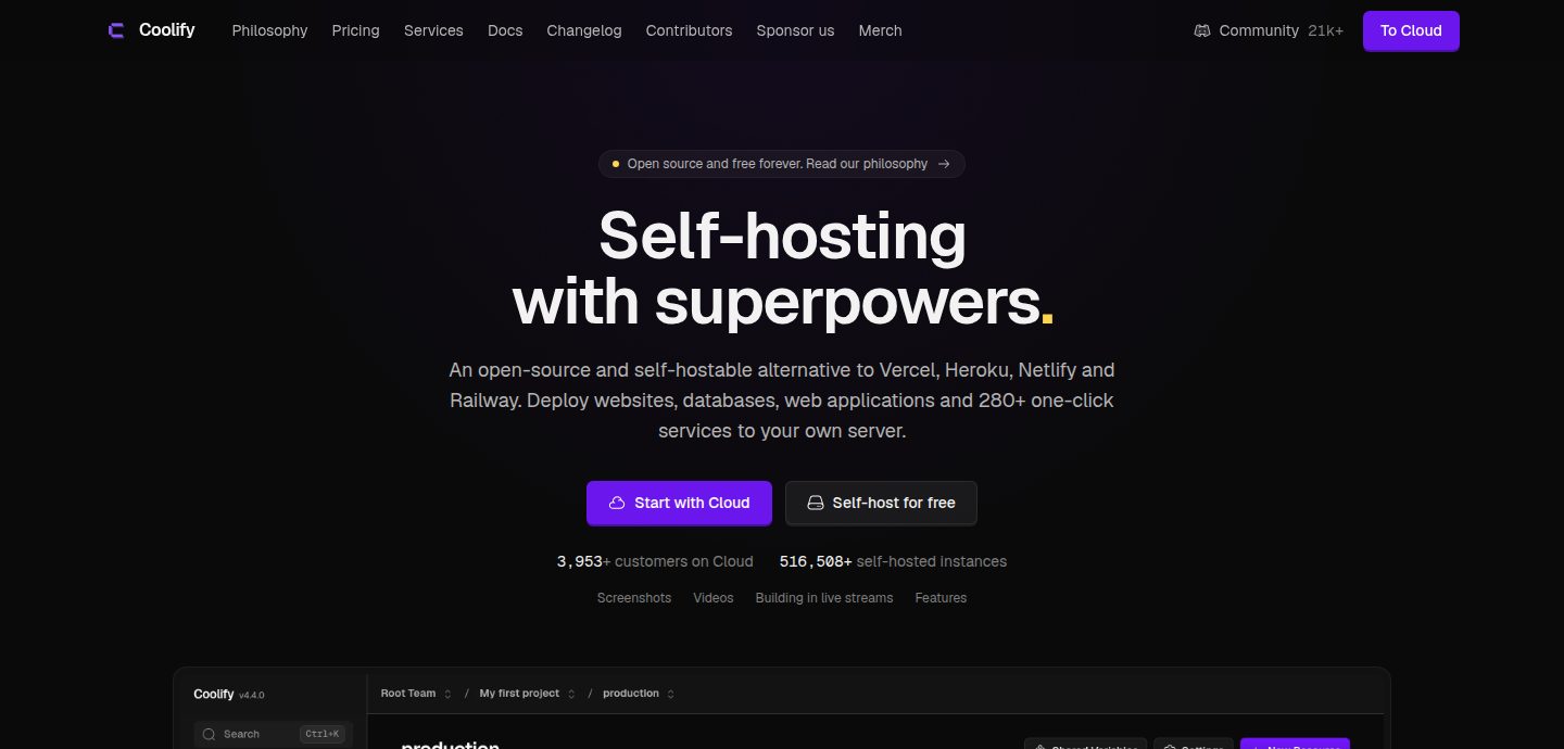 Screenshot of the Coolify website