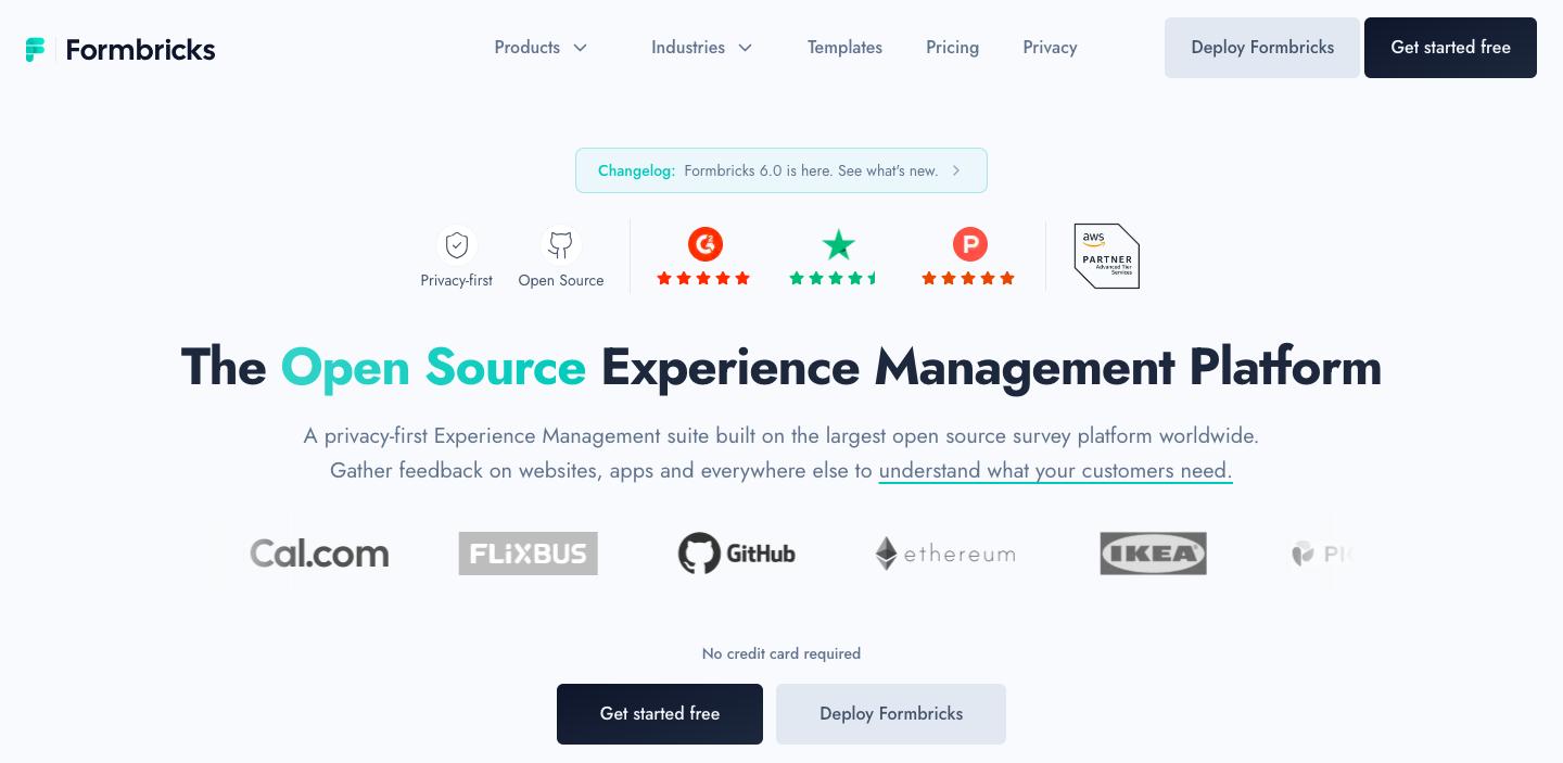 Screenshot of the Formbricks website
