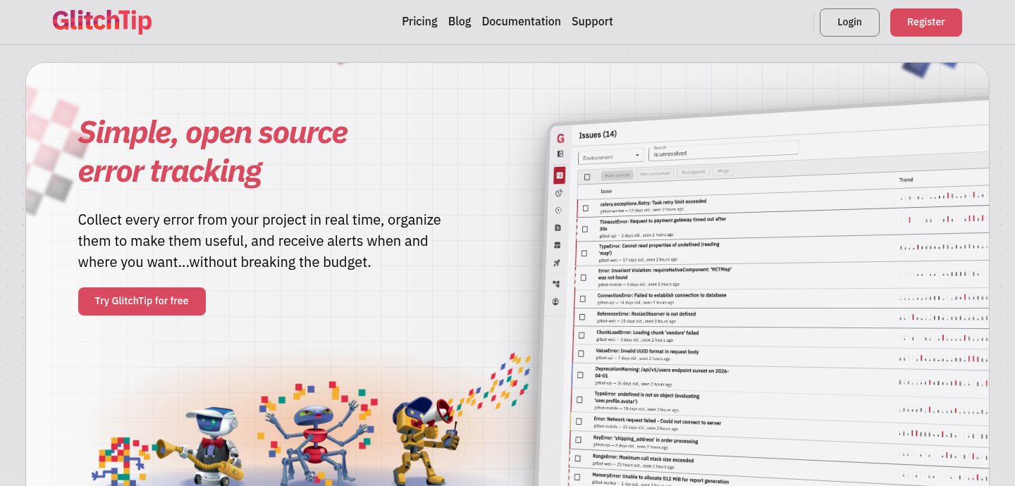 Screenshot of the GlitchTip website