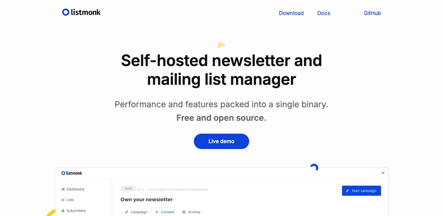 Screenshot of the Listmonk website