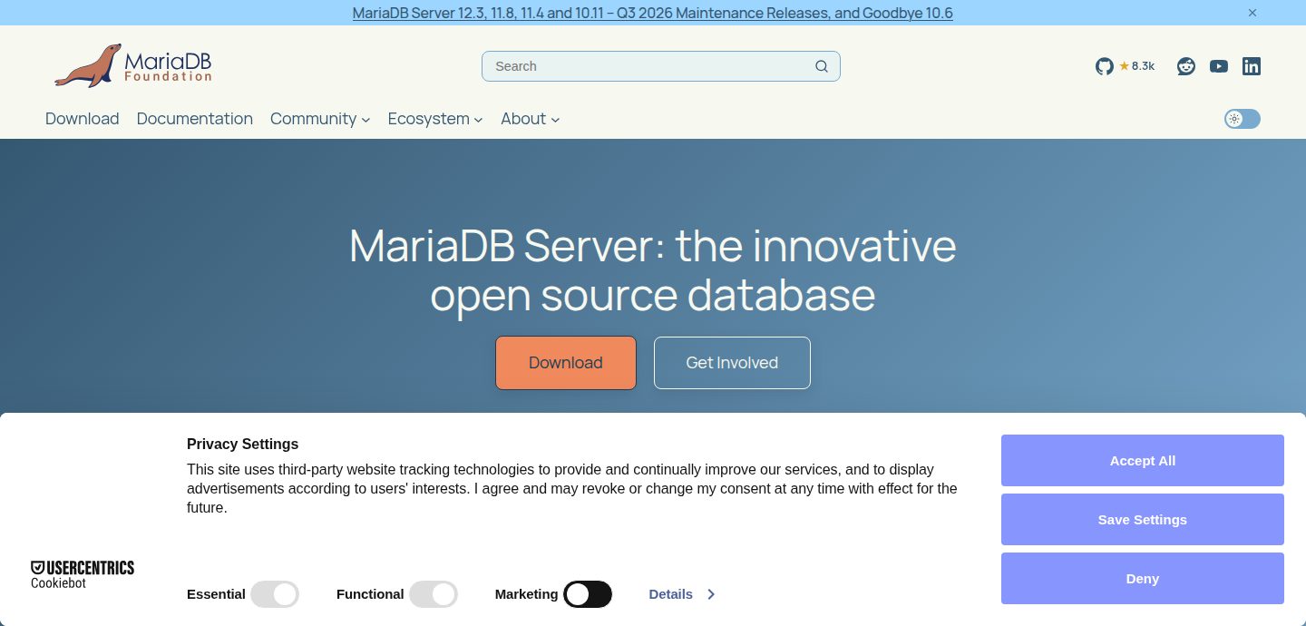 Screenshot of the MariaDB website