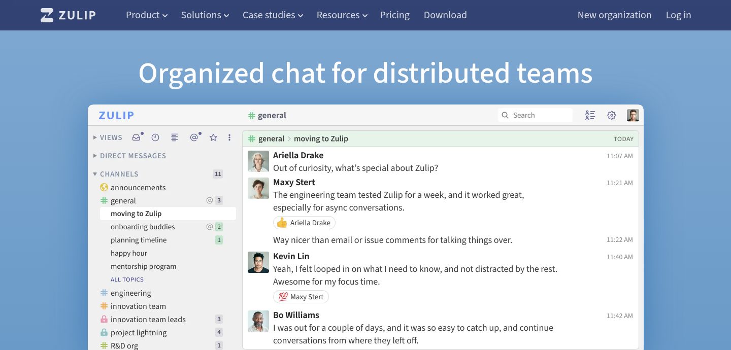 Screenshot of the Zulip website