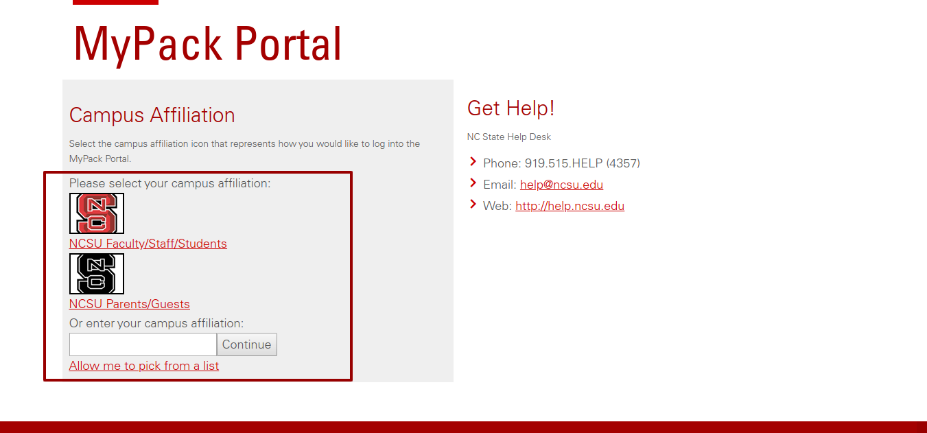 North Carolina State University MyPack Portal